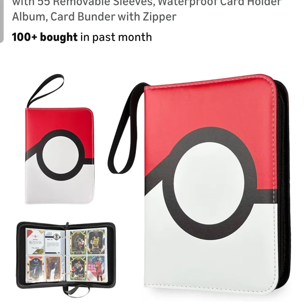 Pokemon Style Trading Card Binder Zip Album 3-Ring Holds Sleeves Red Black